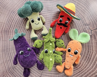 CUTE VEGETABLES Crochet patterns: Hot Pepper, Broccoli, Eggplant, Green Peas , Carrot with eyes and hands, Plush crochet toys