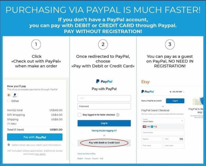 May include: A screenshot of a website showing how to pay with PayPal or a credit card. The text on the screen says "Purchasing via PayPal is much faster!" and "Pay without registration!"
