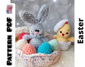 Crochet Easter basket pattern: bunny plush,chicken, colorful eggs, eggshell and a basket for them.Kawaii plush Easy crochet toy pattern