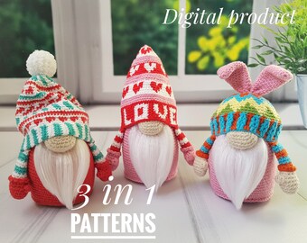 May include: Three crochet gnome patterns, one with a red hat and white hearts, one with a pink hat with hearts and the word "LOVE", and one with a pink bunny ear hat with a colorful striped pattern. The text "3 in 1 PATTERNS" is below the gnomes.