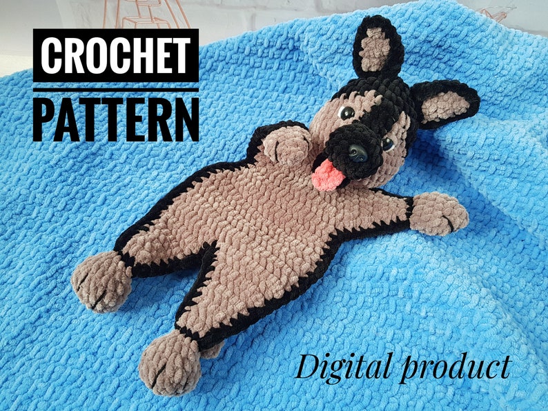 Lovey Crochet Pattern dog German Shepherd, Amigurumi comforter cuddle toy, baby security blanket, plush toy dog pattern Amigurumi patterns image 1