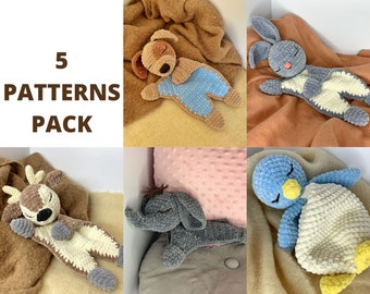 PATTERN PACK  Bunny Puppy Deer Elephant Penguin Plush Lovey Crochet Pattern | Security Blanket Toy | Amigurumi Comforter  Lovey toy patterns