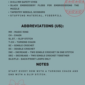 May include: A crochet pattern for a Christmas ornament. The pattern includes instructions for making a red, white, and green ornament with a black embroidery floss muzzle. The pattern also includes a list of materials and abbreviations.
