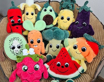 FRUITS + VEGETABLES: 11 Crochet patterns set, amigurumi fruits, vegetables and berries with eyes & hands, Plush crochet toys