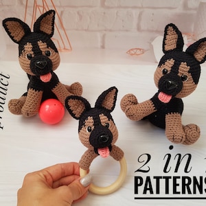 Crochet Dog Pattern German Shepherd toy and baby rattle, Amigurumi Pattern, Stuffed toy, cute crochet animals Pattern, Amigurumi patterns