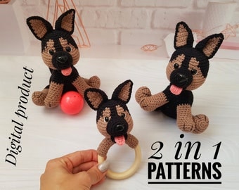 Crochet Dog Pattern German Shepherd toy and baby rattle, Amigurumi Pattern, Stuffed toy, cute crochet animals Pattern, Amigurumi patterns