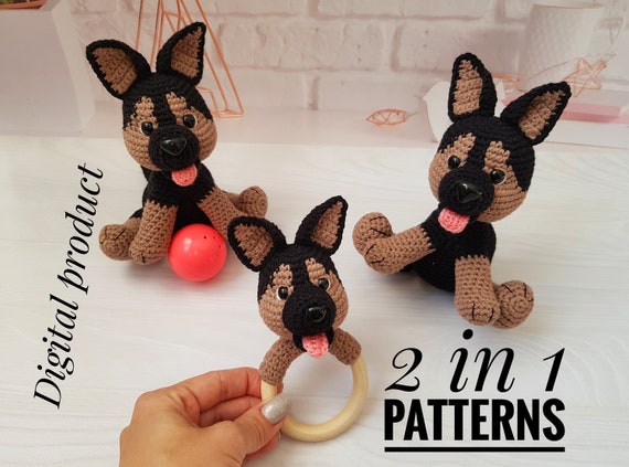 Crochet Dog Pattern German Shepherd toy and baby rattle, Amigurumi Pattern, Stuffed toy, cute crochet animals Pattern, Amigurumi patterns
