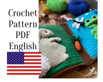 May include: Crochet pattern PDF in English for a baby toy book with a green, brown, and blue cover. The book features a white bunny, a green carrot, a blue frog, and a dragonfly.