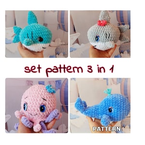 Crochet sea animals: shark, whale, octopus crochet patterns 3 in 1 pdf, sea creatures amigurumi, one skein  Easy crochet toy pattern