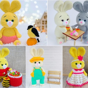 HÄSCHEN + 3 KLEIDUNG SET Häkelanleitung, Plüsch Hase mit Häkelspielzeug Kleidung: Kleid, Pullover, Overall, Rucksack Plüsch Häkeltiere
