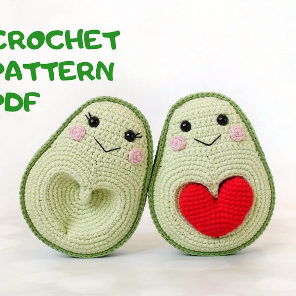 Avocados in Love Crochet Pattern - Avocado with Heart Seed Amigurumi Crochet Pattern PDF in English Fruit animals