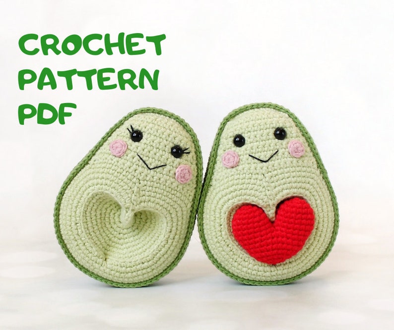 Avocados in Love Crochet Pattern Avocado with Heart Seed Amigurumi Crochet Pattern PDF in English Fruit animals image 1