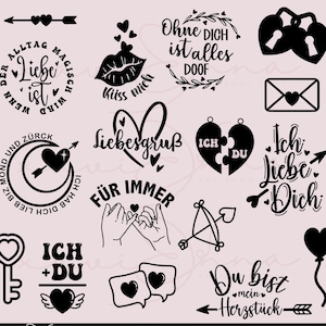 Op de afbeelding: Een verzameling van 17 zwarte vectorontwerpen met romantische thema's. Ontwerpen bevatten harten, pijlen, lippen en zinnen zoals "Liebe ist" en "Ich liebe Dich". Geschikt voor diverse knutselprojecten.
