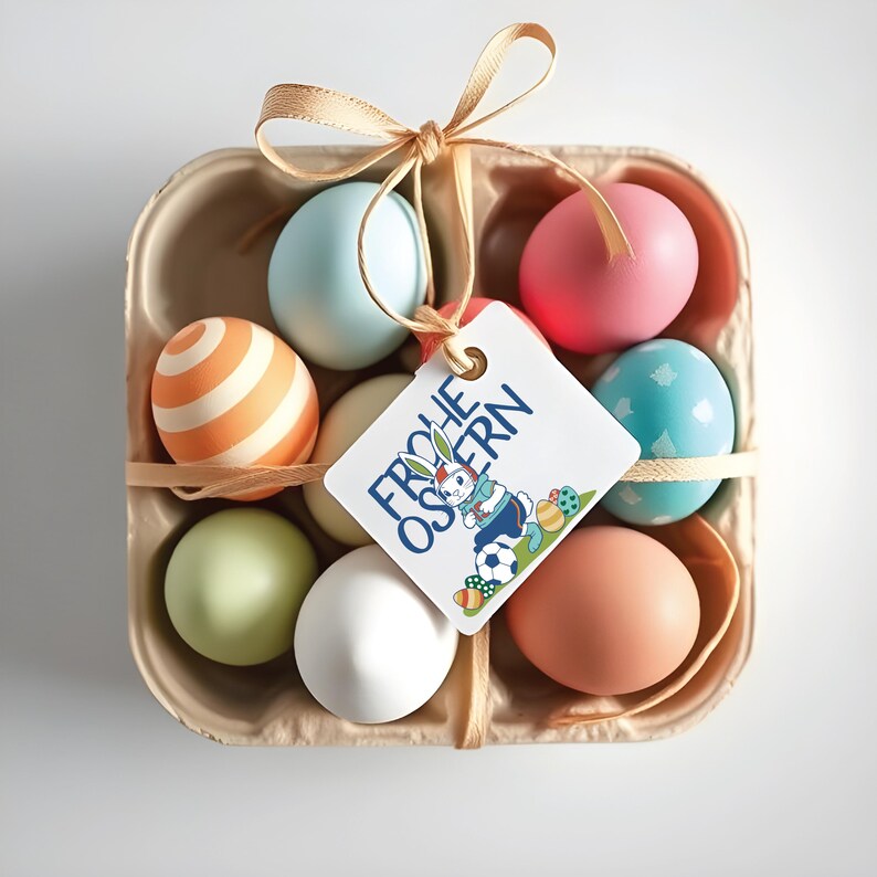 May include: A cardboard egg carton filled with colorful Easter eggs. A tag with the text "Frohe Ostern" is attached to the carton.