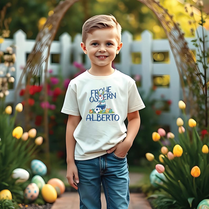 May include: A white t-shirt with a blue and white Easter bunny graphic holding a soccer ball. The text "Frohe Ostern Alberto" is printed on the shirt.