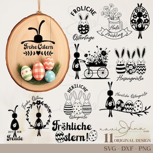 Peut inclure: Un ensemble de 11 fichiers de découpe numériques sur le thème de Pâques. Les motifs comprennent des lapins, des œufs, des fleurs et du texte en allemand, comme "Frohe Ostern" et "Fröhliche Ostern !". Les fichiers sont disponibles aux formats SVG, DXF et PNG.