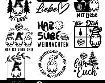 Puede incluir: Nueve diseños digitales en blanco y negro con gnomos, árboles de Navidad, copos de nieve y texto en alemán. El texto incluye "Für Dich", "Mit Liebe", "Hab Süße Weihnachten", "Wichtellig Du Bist Mir Wichtellig" y "Für Euch".