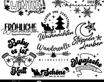 Puede incluir: Nueve diseños navideños en blanco y negro con texto en alemán. Los diseños incluyen un muñeco de nieve, un bebé, una estrella, un trineo y un árbol de Navidad.