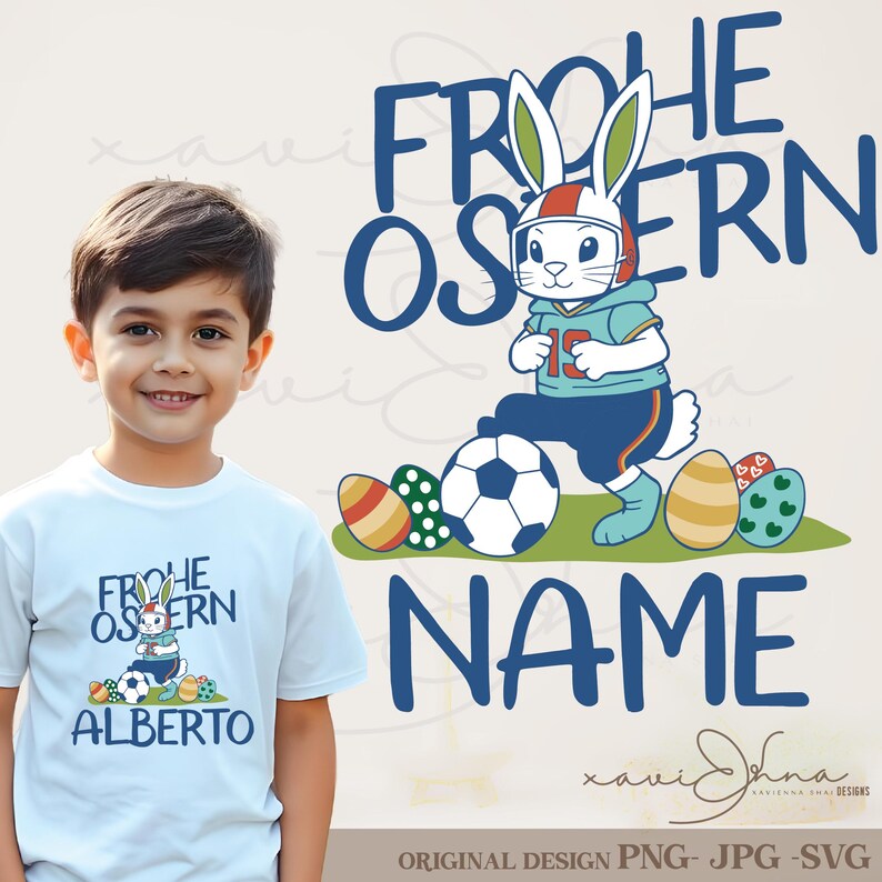 May include: A blue and white Easter bunny wearing a football jersey and holding a soccer ball. The bunny is surrounded by colorful Easter eggs. The text "Frohe Ostern" is written in blue and white letters. The text "NAME" is written in blue letters. The text "ALBERTO" is written in blue letters.