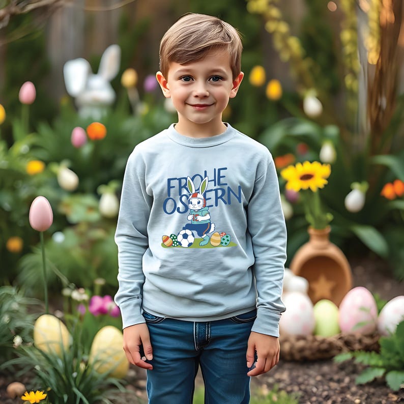 May include: A light blue long-sleeved sweatshirt with a graphic of a bunny rabbit playing soccer and the text "Frohe Ostern" in German.