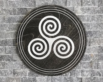 Triskelion Wall Hanging, Triskele Symbol, Wooden Celtic Triple Spiral Wall Decor, Wiccan Pagan Gifts