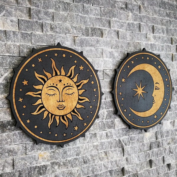 Sun and Moon Wall Art, Carved Wall Hanging Sun and Moon, Celestial Boho Wall Decor