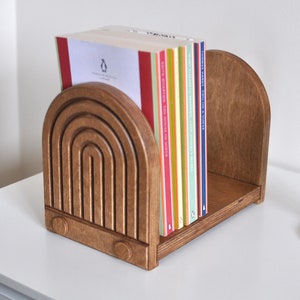 Wooden Tabletop Bookshelf with Arches Carving, Desktop Book Rack, Minimalist Wood Book Stand