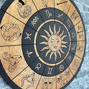 Suspension murale en bois sculpté roue du zodiaque, art mural cercle astrologie, décoration signes horoscope
