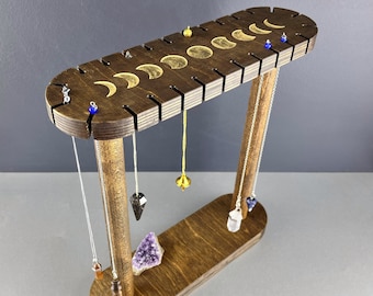 Wooden Pendulum Display Stand with Moon Phases Engraving, Crystal Shop Holder