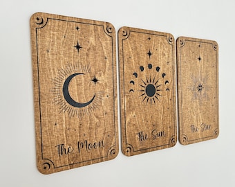 Engraved Birch Plywood Tarot Wall Art Set, Sun Moon Star Cards