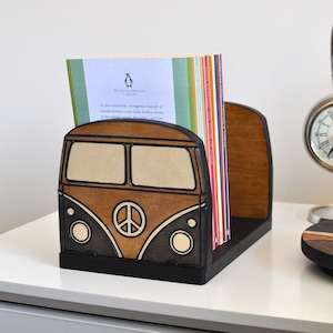 Wooden Tabletop Bookshelf with Hippie Bus Carving, Desktop Book Rack, Minimalist Boho Wood Book Stand for Nursery Room