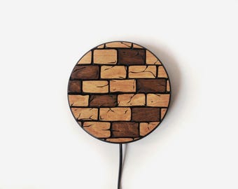 Round Wooden Wall Lamp, Engraved Brick Design, Boho Plug-in Sconce