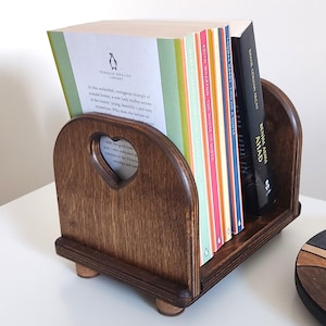 Wooden Tabletop Bookshelf with Heart Carving, Desktop Book Rack, Minimalist Wood Book Stand