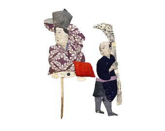 May include: Two traditional Japanese shadow puppets, one with a gray hat and purple and white patterned clothing, the other with a black robe and a long, thin, white stick.