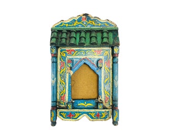 Vintage Moroccan Painted Wood Wall Decor: Folk Art Mirror (40cm)
