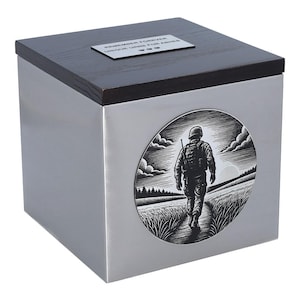 Military Soldier Urn for Ashes – Unique Stainless Steel Funeral Box with Wood Lid Veteran Ashes Box with Military Scene