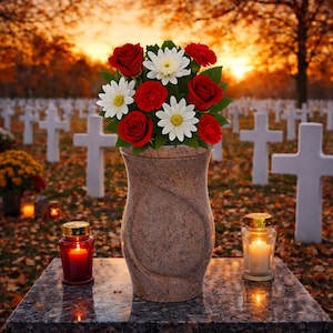 Personalisierte braune Friedhofsvase - eleganter Grabblumenhalter mit optionaler gravierter Plakette