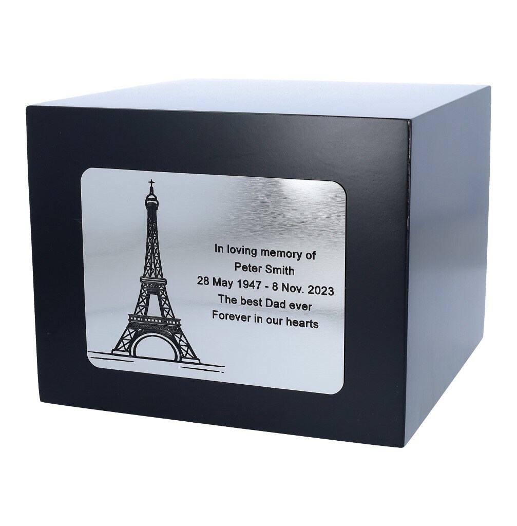 Paris urn for human ashes with Eiffel Tower and own text Personalized black cremation urn France unique box for ashes with spacial place urn