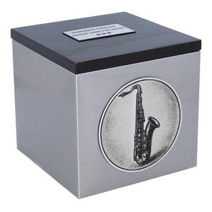 Unique Cremation Urn with Saxophone – Musician Memorial Box for Ashes – Handmade Stainless Steel Urn with Wood Lid