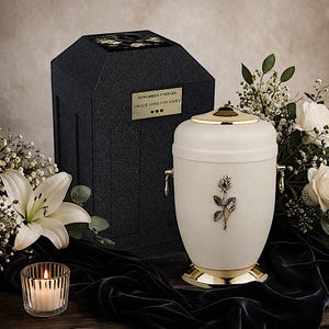 May include: A cream-colored cremation urn with a gold-toned lid, base, and side handles, featuring a metallic rose emblem. Beside it sits a black textured box with a gold plaque reading REMEMBER FOREVER UNIQUE URNS FOR ASHES.