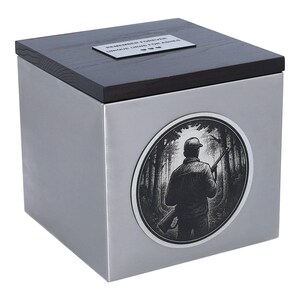 Hunter Cremation Urn - Stainless Steel & Wood Memorial Box with Forest Scene | Adult Ashes Urn, A themed urn for the hunter, the hunted
