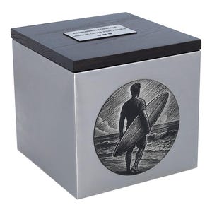 Engraved Surfboard Urn: Stainless Steel & Wood, Adult Memorial, Personalized Plaque