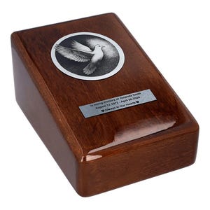 Memorial urn with a dove Unique wooden urn for human ashes Beautiful and symbolic casket with memorial plaque