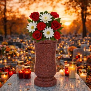 Jarrón de cementerio personalizado: florero conmemorativo de granito rojo con placa grabada opcional