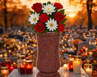 Personalized Cemetery Vase – Red Granite Memorial Flower Vase with Optional Engraved Nameplate
