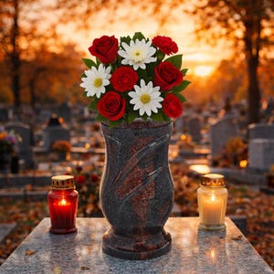 Jarrón de flores personalizado para cementerio: jarrón conmemorativo para tumba con placa grabada opcional, aspecto de granito rojo