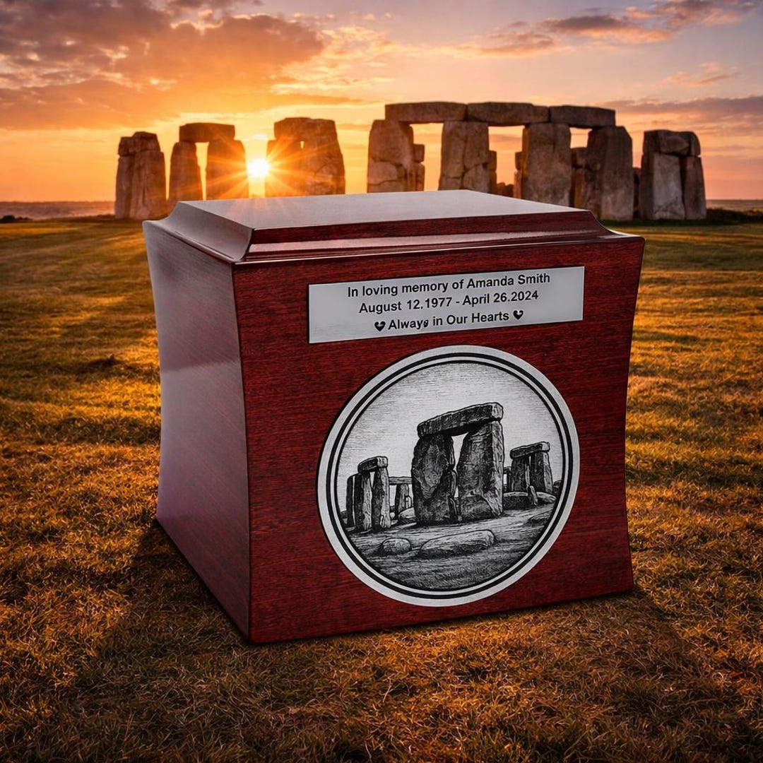 Stone Cremation Box Wooden Cremation Urn With Stonehenge Engraving – Optional Personalized ...