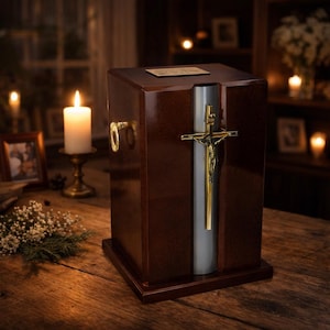 Mooie katholieke houten urn met kruis Volwassen crematie-urn voor as Begrafenisherdenkingskist voor menselijke stoffelijk overschot Rustplaats voor as