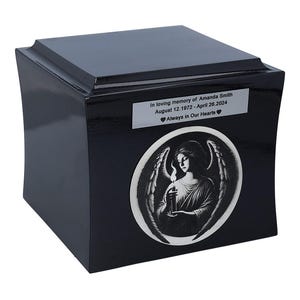 Engraved Angel Cremation Urn: Wooden Memorial Urn, Personalizable Plaque