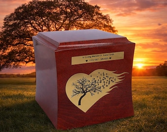 Tree of life urn for human ashes Symbolic cremation urn Wooden box for ashes Mahogany casket for ashes Cremate urn adult Burial urn casket